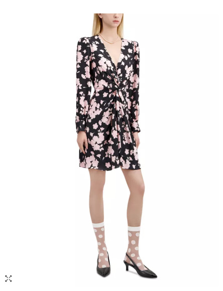 The Kooples Black Pink Floral Dress V-Neck Long Sleeve Draped Bow Waist Viscose - Picture 2 of 11